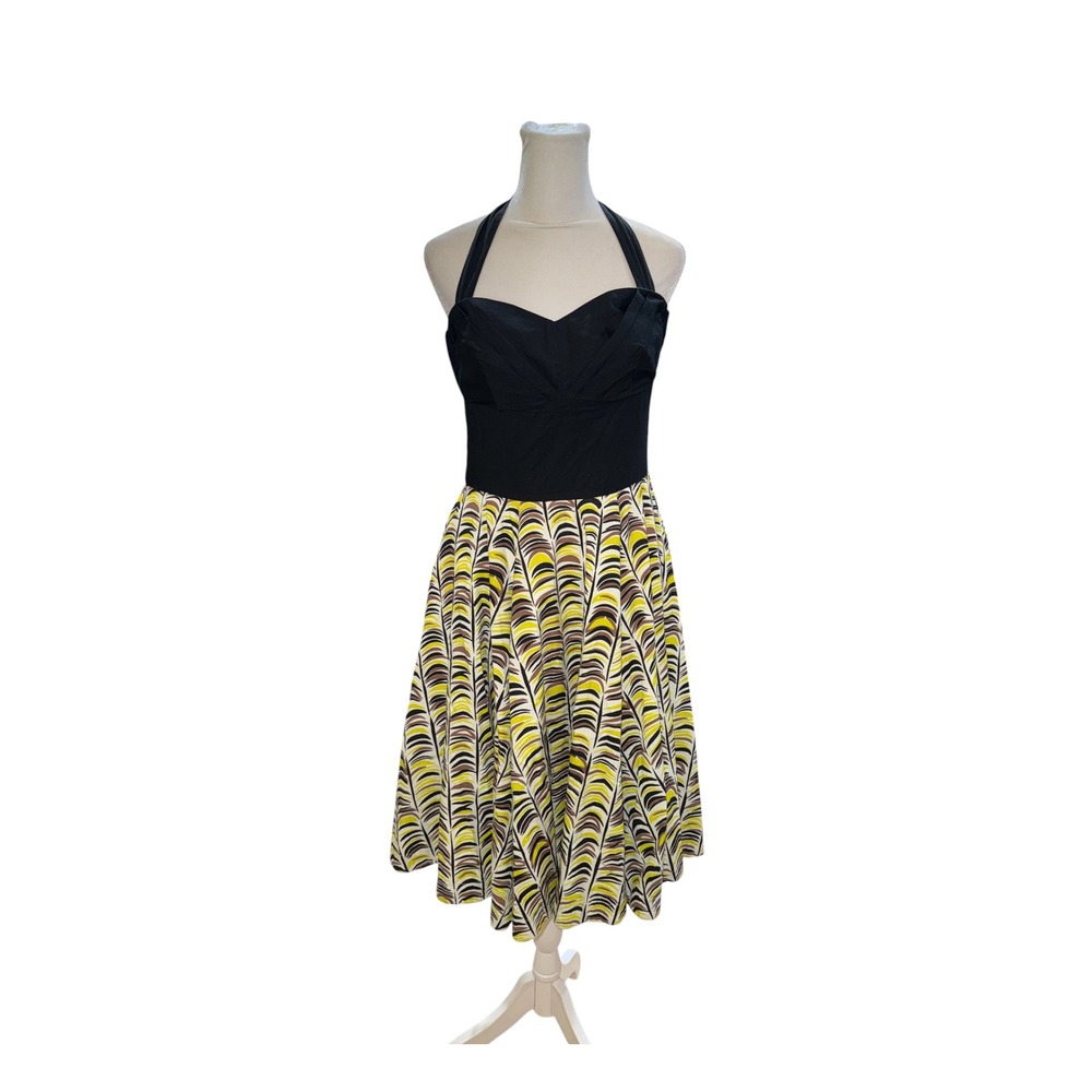 Girls from Savoy Anthropologie Halter Midi Dress Black Yellow Print Size 2